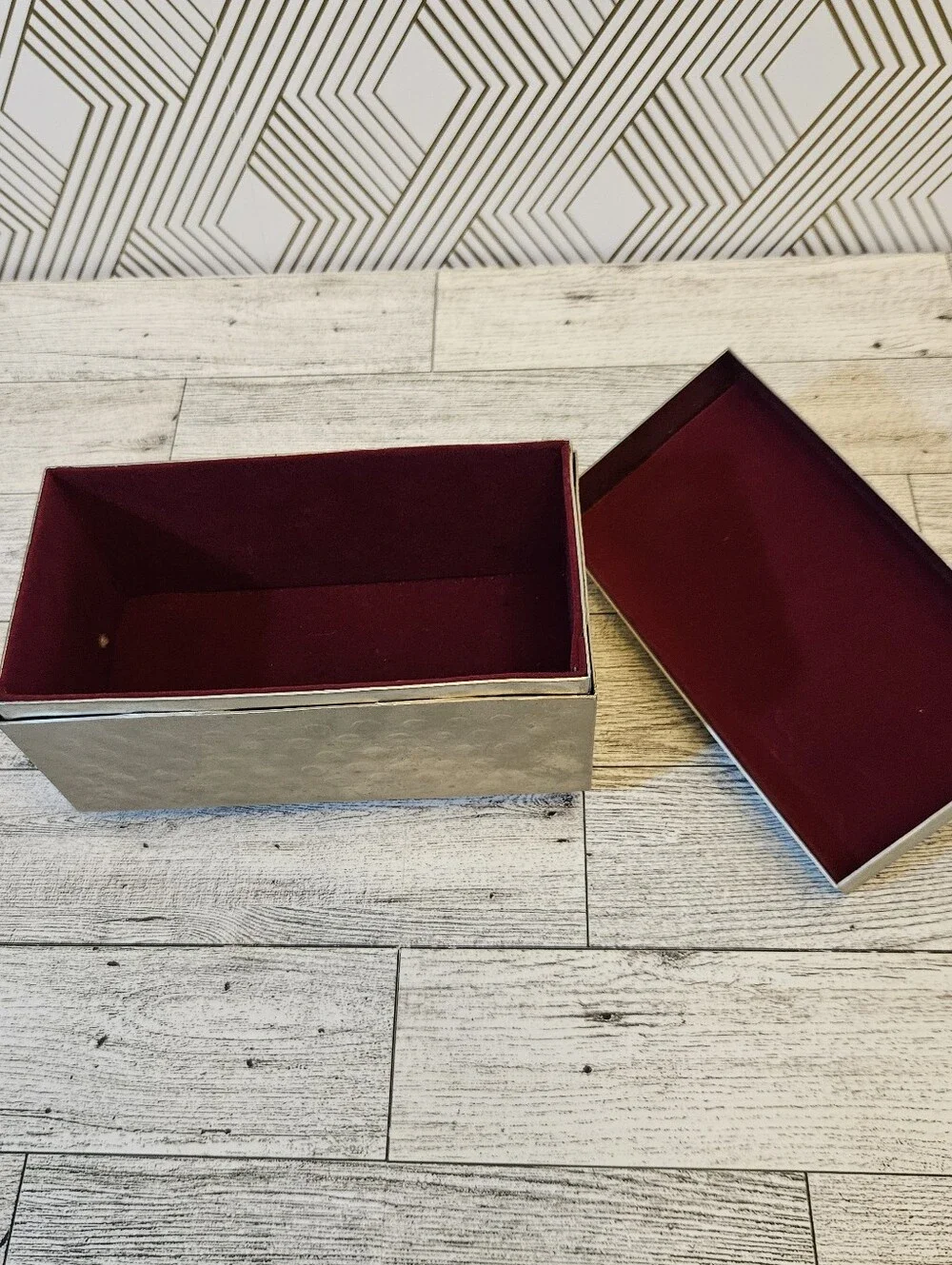 Metal Lidded Container Red Velvet Lined Hammered Exterior Storage Jewelry Heavy